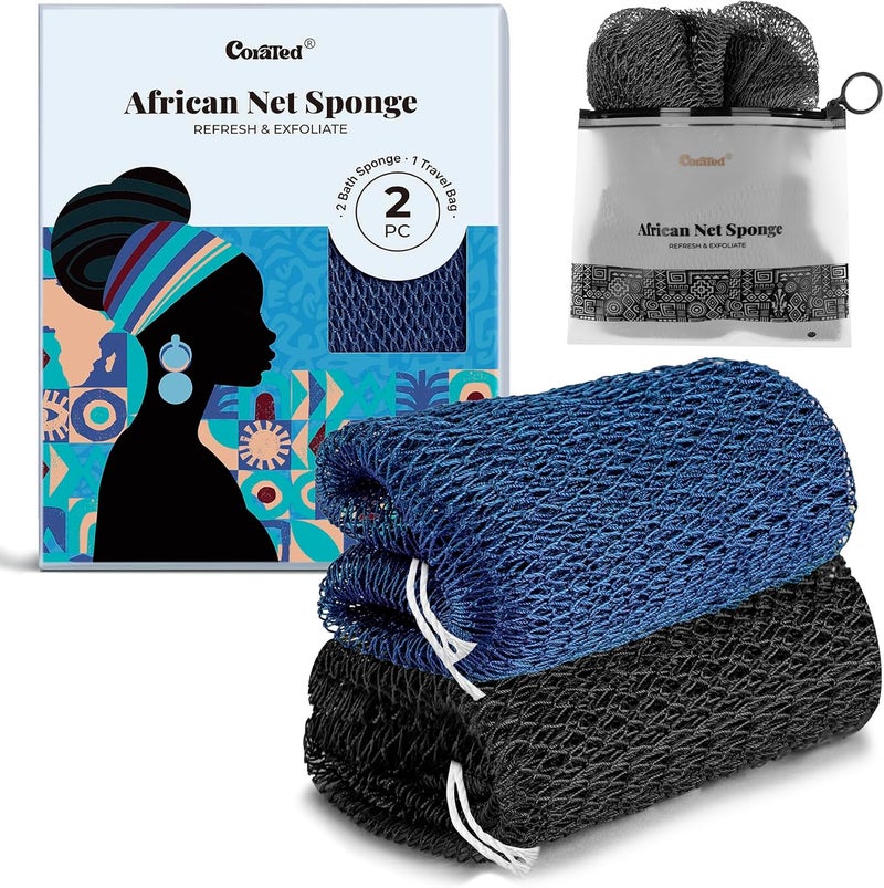 CORATED African Net Sponge Authentic, Shower Loofah Exfoliating Bath Sponge, Body Scrubber for Women and Men Daily Use Body Care, Travel Portable Bath Accessories for Bathroom (Blue & Black) - Image 1